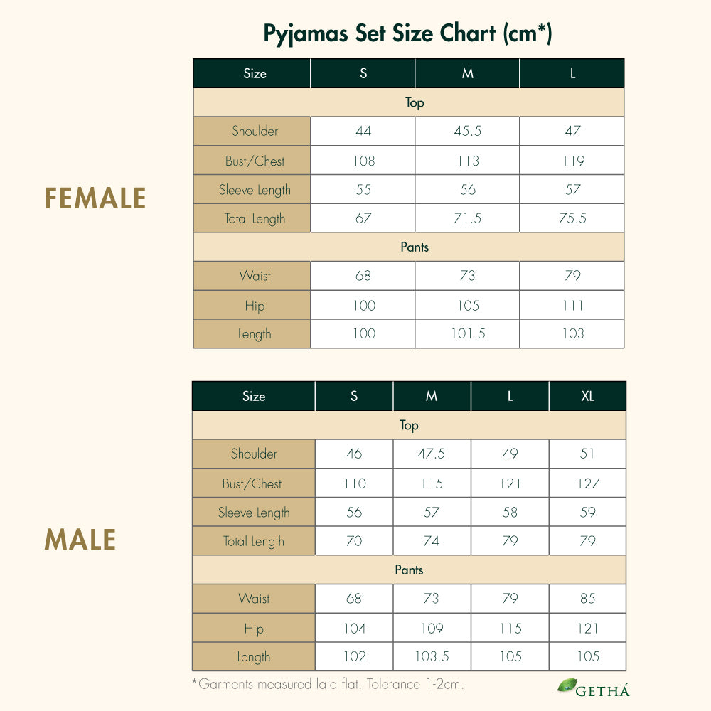 Pyjamas Set Size Chart