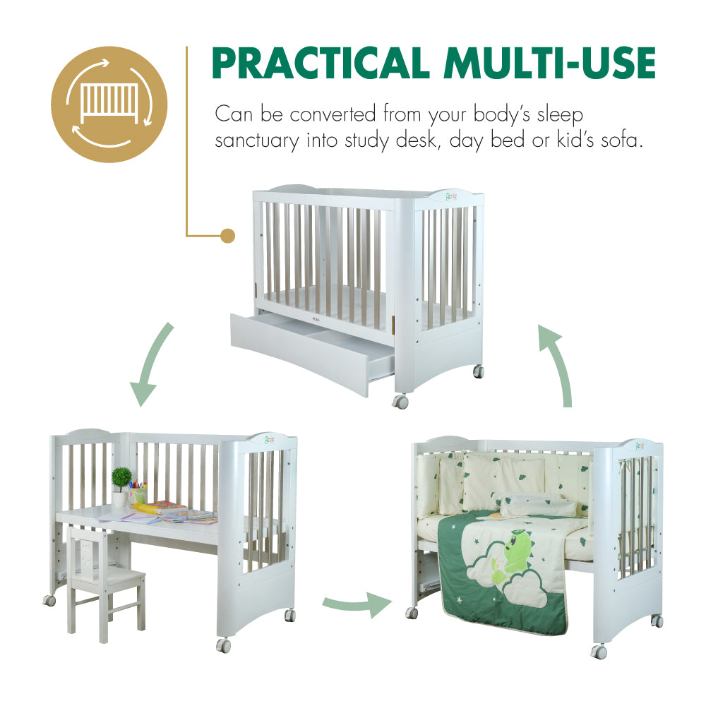 Multi Use Baby Cot turn to study desk, day bed, kid's sofa